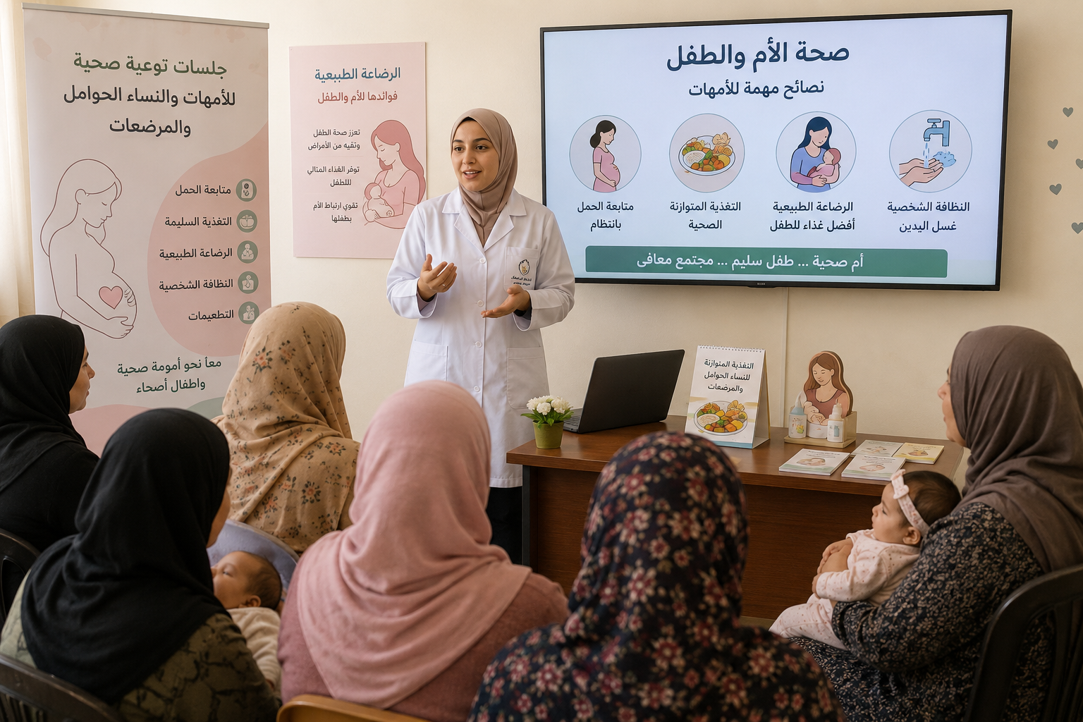تنفيذ جلسات توعية صحية للأمهات والنساء الحوامل والمرضعات.